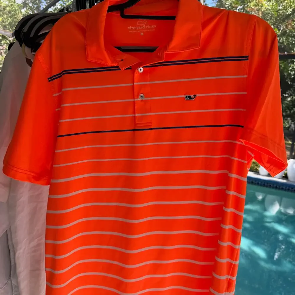 Vineyard Vines Men's Golf Polo Shirt Orange Striped Performance Lg pickleball